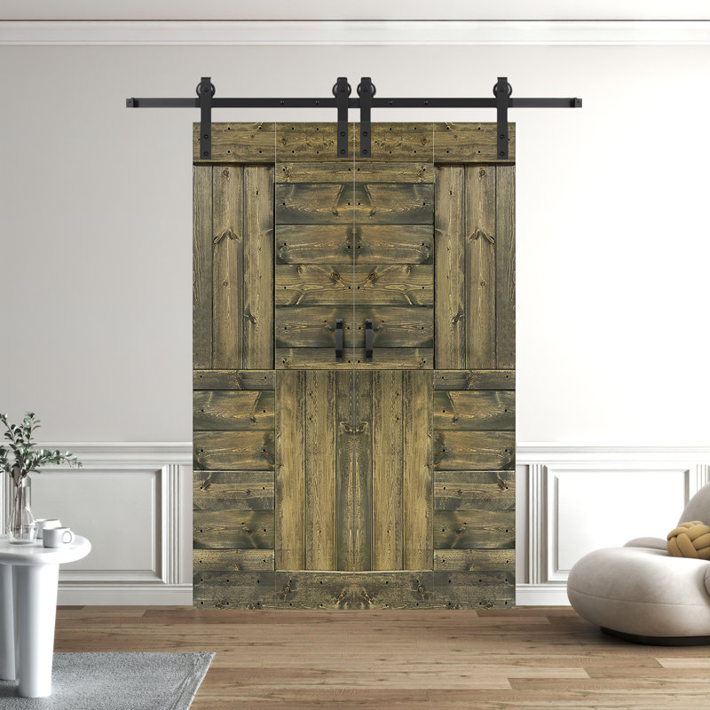 Porte pliante en bois massif en forme de S avec quincaillerie nécessaire, 72 po x 84 po, Tonneau vieilli