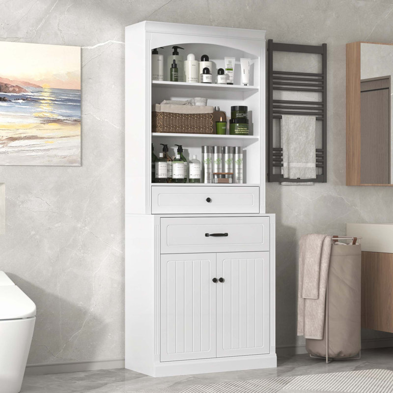 Bathroom Storage Cabinet with Two Doors, Drawers, Adjustable Shelf & Three Open Shelves