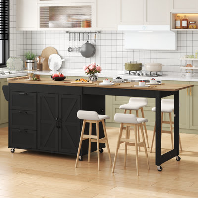 89.6" Large Portable Farmhouse Kitchen Island with Extendable Dining Table On Wheels, 3 Drawers and 2 Doors Cabinet For Kitchen, Dining Room, Living Room
