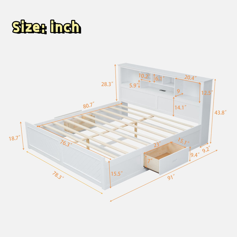 Lit plateforme en bois avec tête de lit multi-rangement, USB et 2 tiroirs