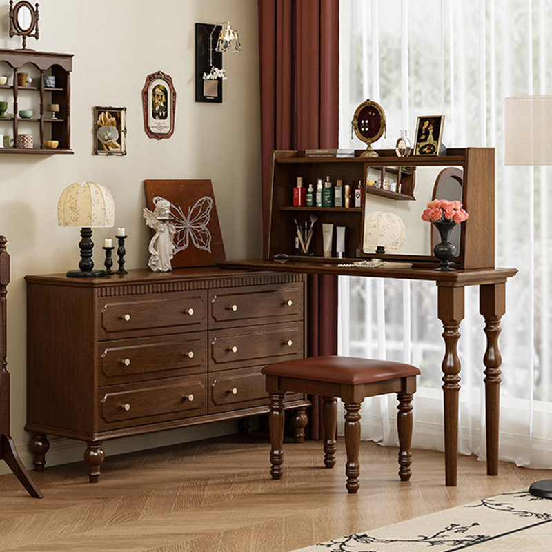 Coiffeuse 94,49 po en bois massif de style américain avec miroir de coiffeuse