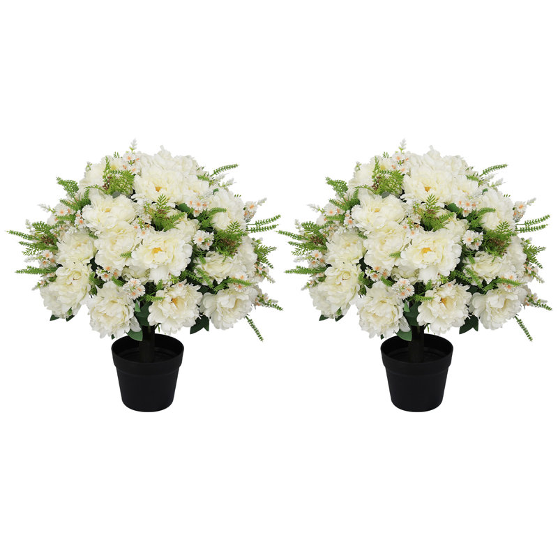 Topiaire de buis artificiel 24 po avec pivoines en soie - plante artificielle en pot, décoration de printemps, Blanc