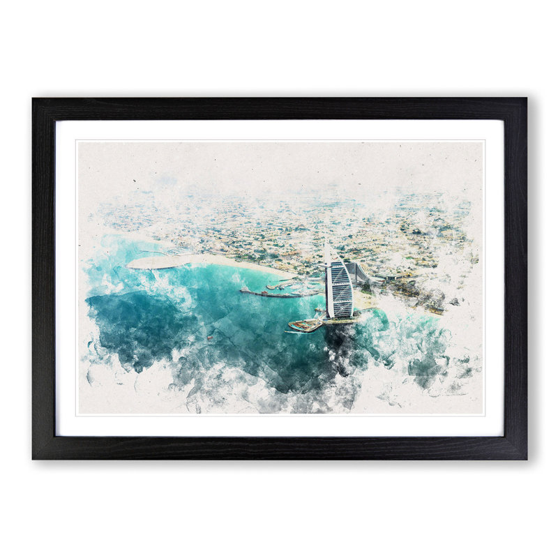 Burj Al Arab Hotel Dubai Skyline - Framed Print, 45cm H x 63cm W x 2cm D, Black Framed