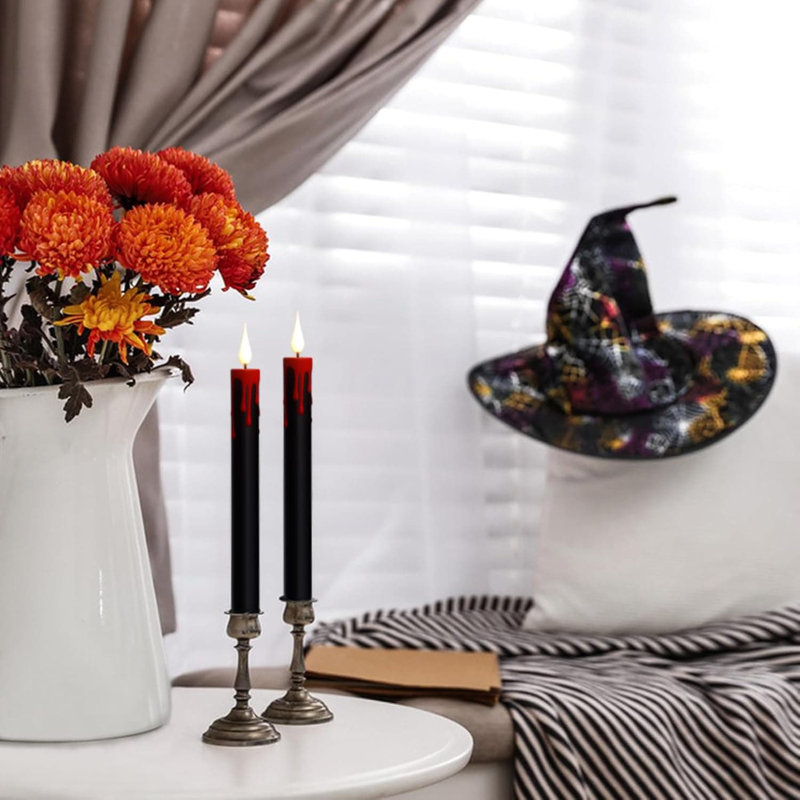 4 Pack Halloween Black Flameless Taper Candles - Remote Timer, Battery-Operated LED, Drip Wax, Flickering