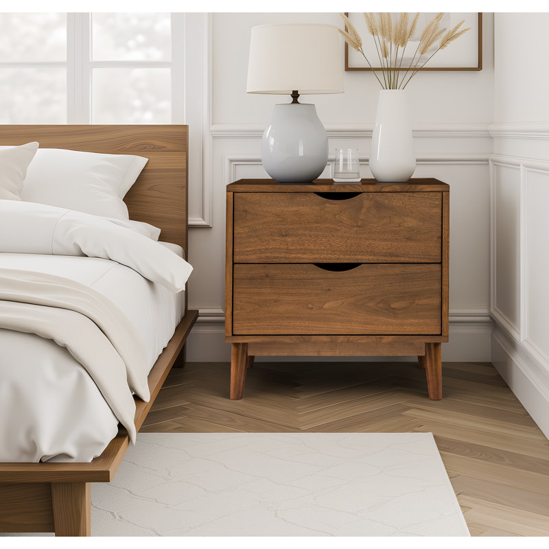 2-Drawer Nightstand with Solid Wood Base, Brown