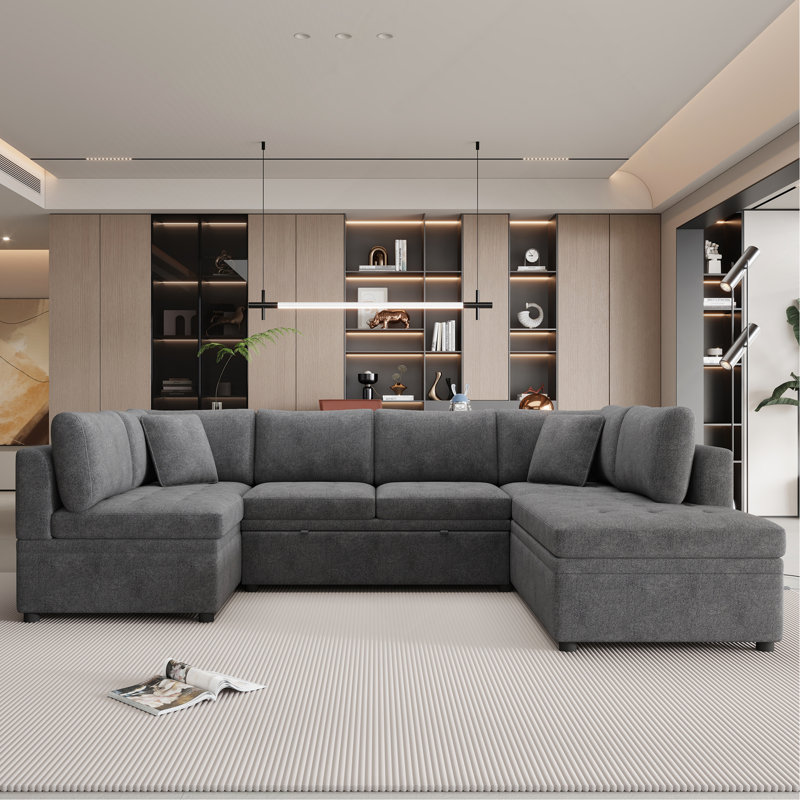 Canapé-lit modulaire surdimensionné en U de 117,3 po avec deux coussins décoratifs pour salon, gris