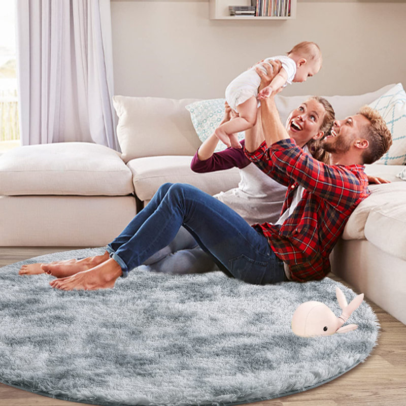 Washable Area Rug, White Gray, Round 100 cm