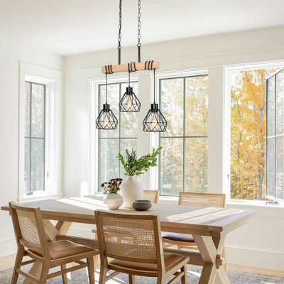 3 - Light Kitchen Island Modern Linear Chandelier With Diamond Shades, Farmhouse Black Metal & Rustic Wood Ceiling Light Fixture