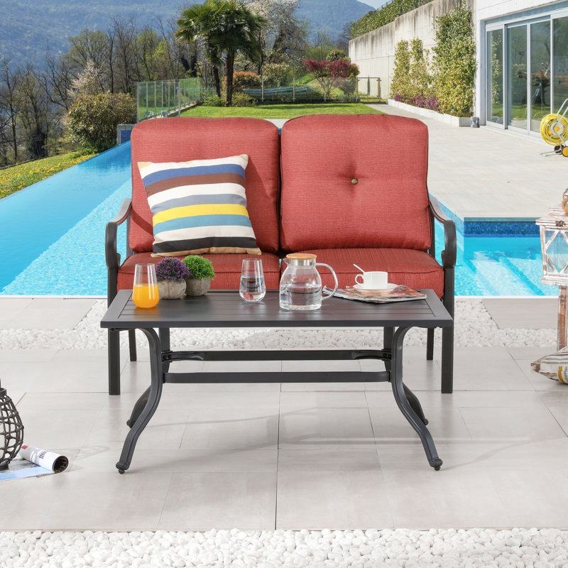 Ensemble de conversation de patio 2 pièces en métal avec coussins et table basse à lattes, Rouge