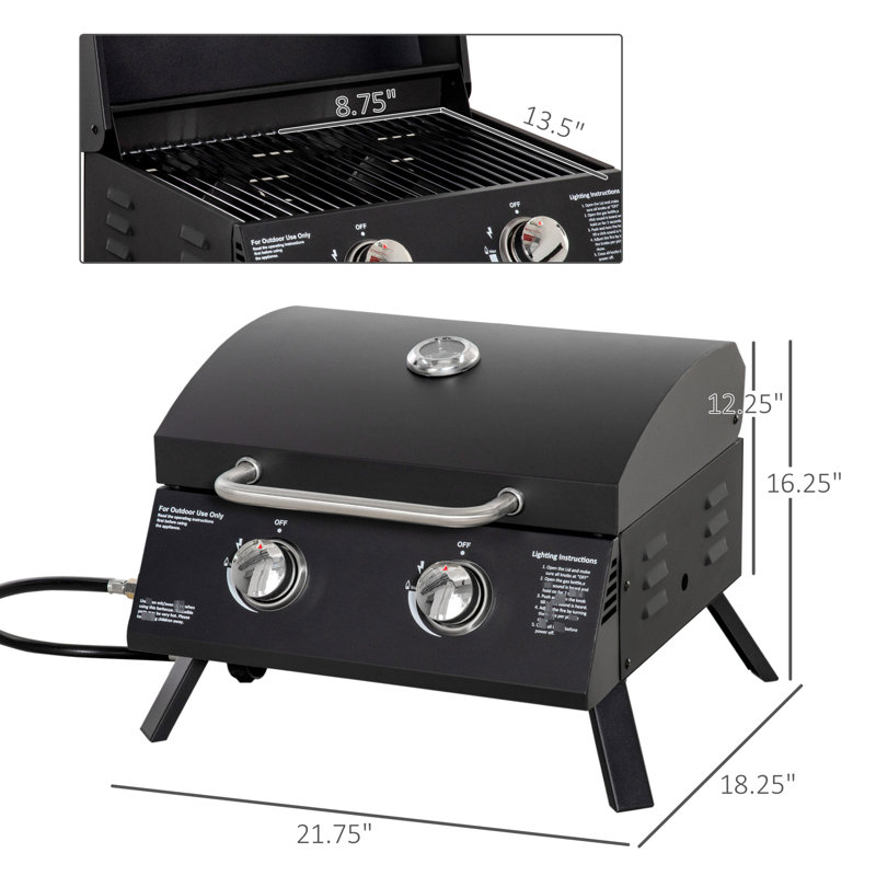 Barbecue au propane à 2 brûleurs, portatif et compact. Pieds pliables, couvercle à fumée, thermomètre. Noir, convient pour le camping, le pique-nique, le plateau de table de jardin. Pour le plaisir