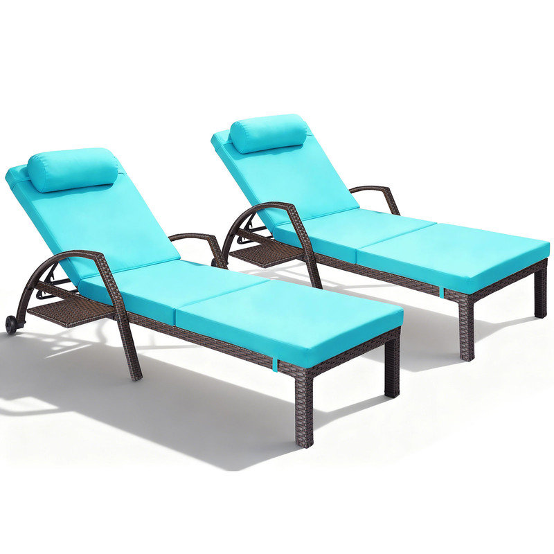 Chaise longue de patio avec plateau latéral escamotable et roulettes, fauteuil inclinable d'extérieur réglable en osier avec coussins épais pour piscine, cour arrière, beige (ensemble de 6)