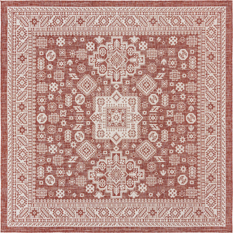Tapis intérieur / extérieur rouge rouille en polypropylène tissé à la machine Archange, Carré 7 pi 10 po