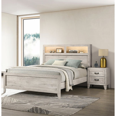 3Pc Bedroom Furniture White Wash Finish Queen Size Bed W Shelf Light 2X Nightstands Melamine Top Black Bar Pull