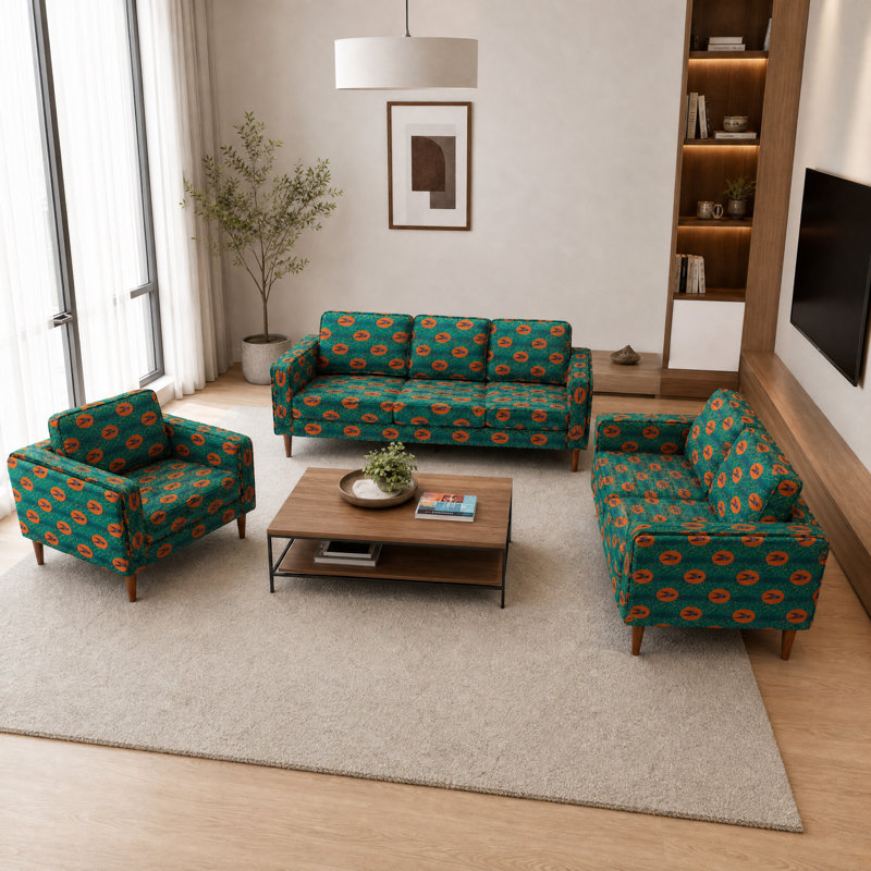 Ensemble de canapé rembourré à motif vert avec structure en bois massif et pieds en bois naturel