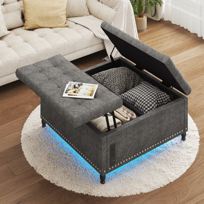 Repose-pieds avec prises et lumières DEL, grand repose-pieds carré avec rangement de 40 po, table basse avec repose-pieds et pieds en bois, repose-pieds gris Morden pour le salon, la chambre à coucher