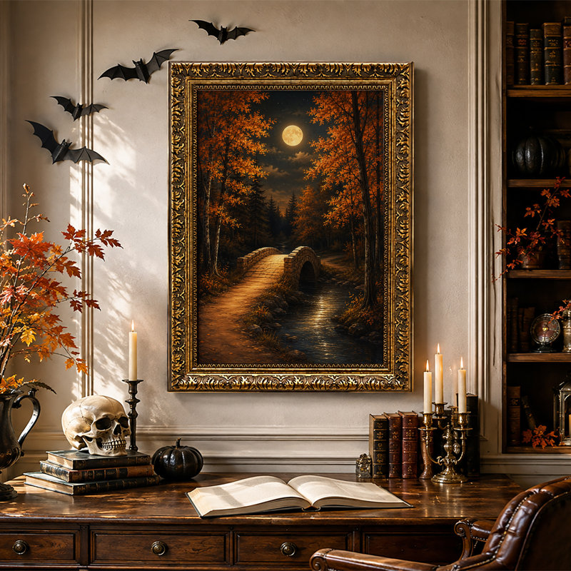 «Stone Bridge Over Stream Moonlit Autumn Forest», art mural sur toile, H 24 po x l 16 po
