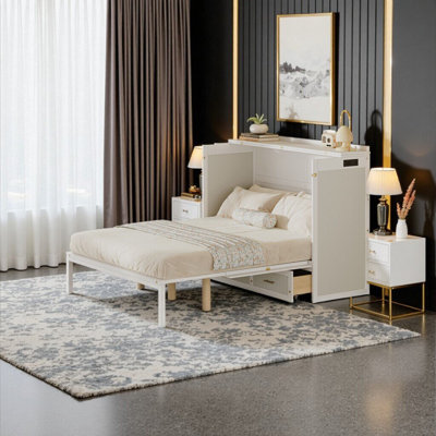 Lit escamotable blanc moderne avec charge USB, lit escamotable mural simple avec tiroirs de rangement et verrou de sécurité, conception peu encombrante pour chambre d'amis ou bureau à domicile