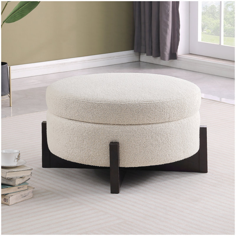 Repose-pieds rond élégant avec rangement à l'intérieur, pieds en chêne rabattables, beige