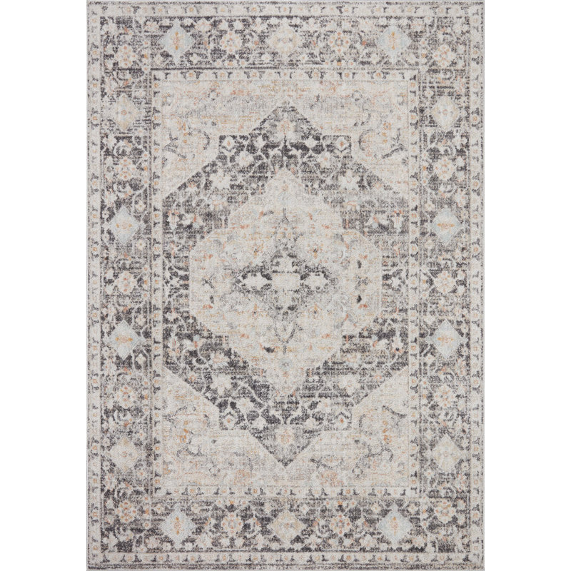 Tapis oriental en polyester tissé à la machine gris anthracite / ivoire, Carré 1 pi 6 po