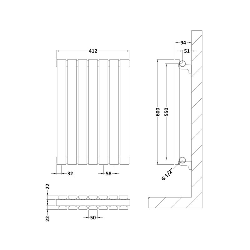 Sloane Vertical Designer Radiator, 60cm H x 41.2cm W x 7.2cm D, White