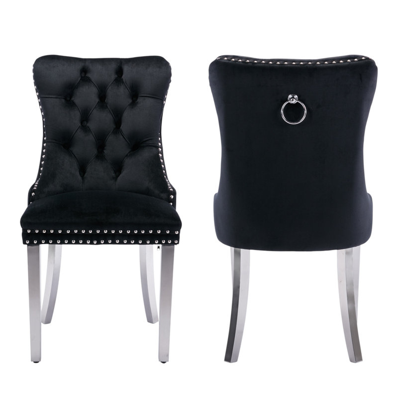 Tufted Velvet Wing Back Side Dining Chairs, Black, Brushed Nickel
