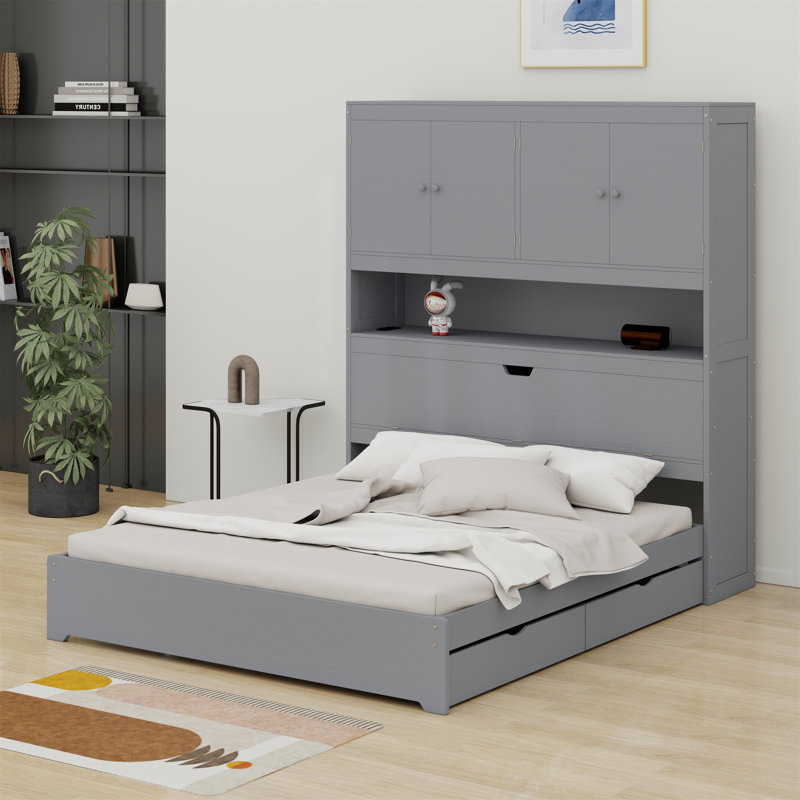 Lit plateforme en bois avec port USB, tête de lit et tiroirs de rangement, Gris