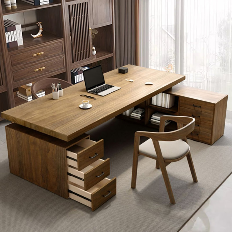 Bureau en bois massif en L de couleur noyer clair avec 7 tiroirs, Oui, H 29,53 po x l 78,74 po x P 31,50 po