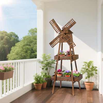 60.8''H Wood Tan Garden Windmill With Planter And Birdhouse Outdoor Decoration