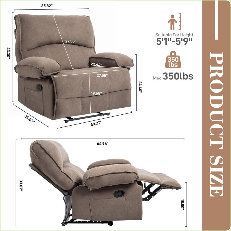 Fauteuil inclinable manuel surdimensionné inclinable avec coussin de massage, molleton super doux de 27,5 po de large | Noyer brun | Velours
