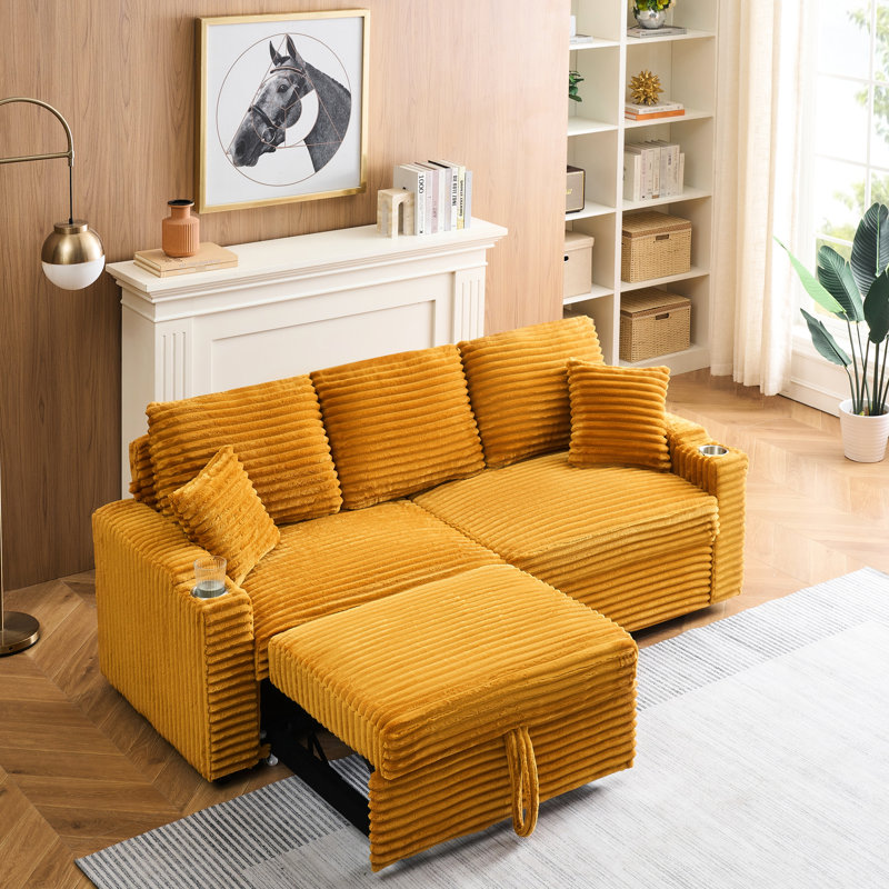 Velours côtelé orange de 80 po, trois sièges, escamotable, inclinable et pliable, porte-gobelet et coussins pour une retraite sophistiquée à trois avec une atmosphère détendue