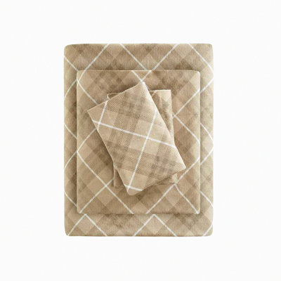 Arctic Dream Plush Cotton Sheet Set - Full Size - Animal & Star Print - Cozy - Ultra Soft - Cold Weather Bedding - Tan Plaid - 4 Piece