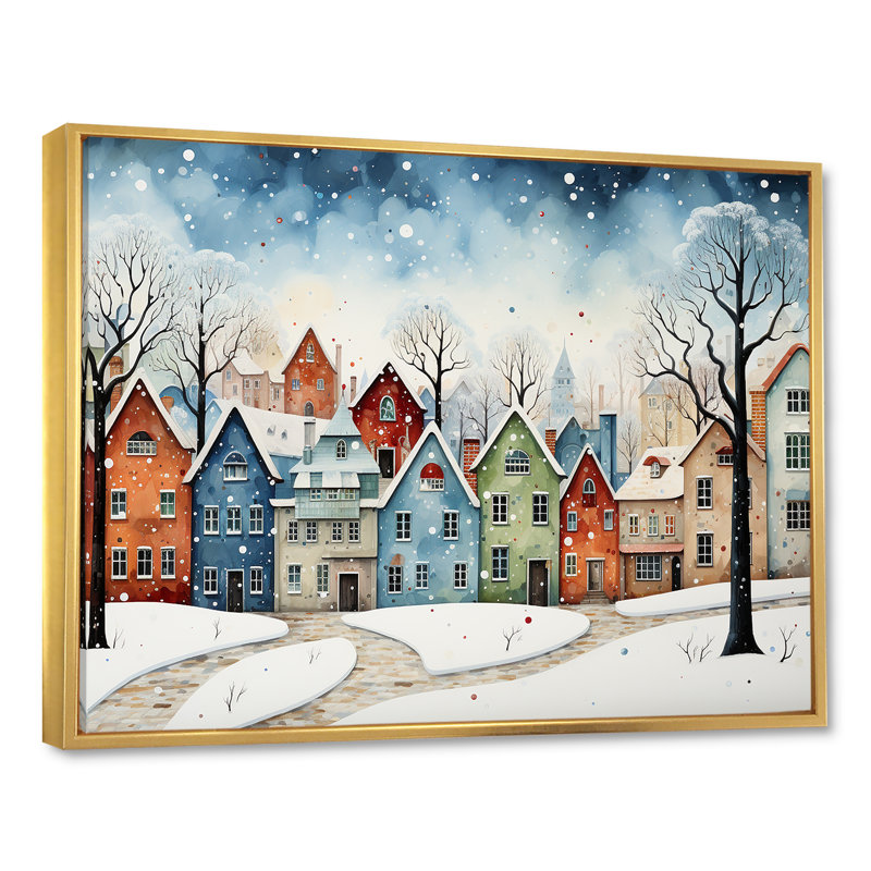 Multicolor Frosty City In Winter I - Winter Landscape, art mural, Cadre flottant doré, H 34 po x l 44 po x P 1,5 po