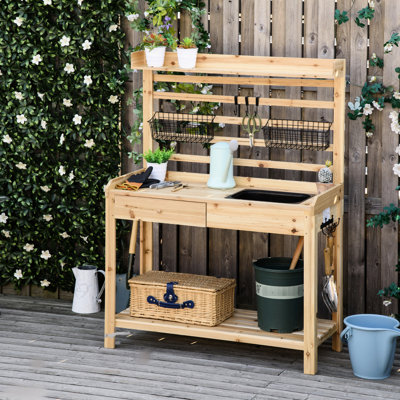 Potting Table For Gardens, Work Bench With Metal Sieve Screen, Removable Sink, Extra Hooks And , Abundant Storage Place, Wooden, Natural 42.85"X18"X56 Garden , Sieve, Basin, Additional & Plentiful