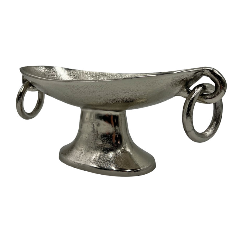 Bol décoratif à piédestal en aluminium fait à la main avec poignées anneaux Damyla - centre de table moderne en or, noir et argent