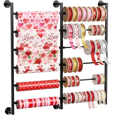 6-Tier Ribbon Storage Organizer, Large Capacity Wall Mount Ribbon Organizer with 12 Removable Rods, Gift Bag Yarn Storage Holder for Craft Room, Flower Shop, DIY Supplies,Wrapping Paper