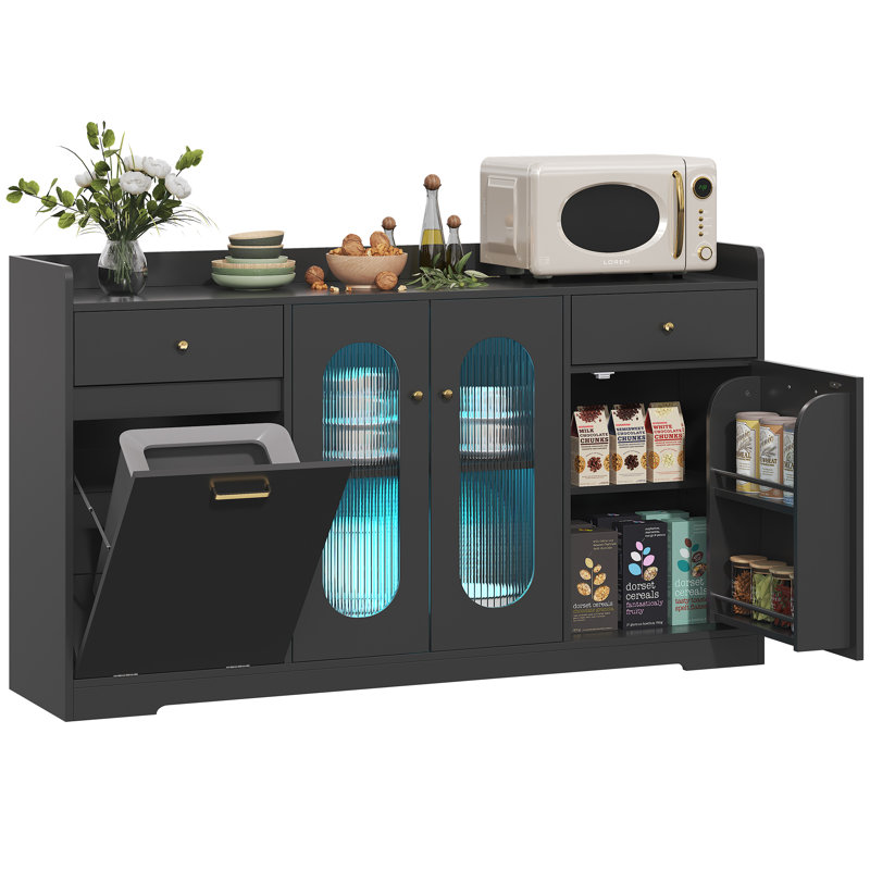 54'' Large Evynn With Led Light And 2 Drawers, Evynn With Trash Can Storage And Adjustable Shelves, Black