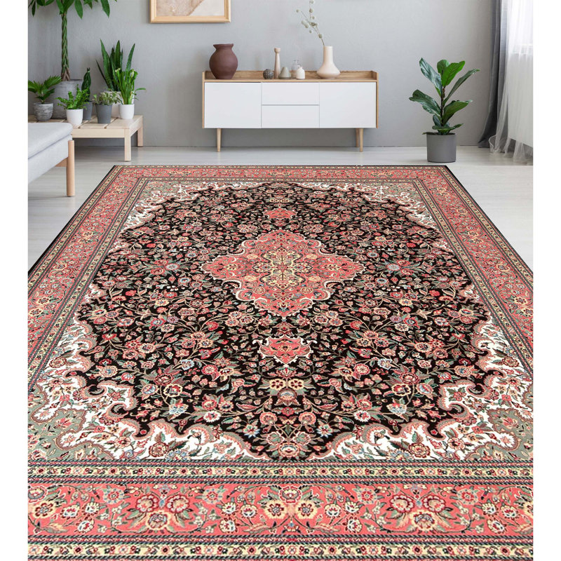 High-Quality Hand-Knotted Black And Rose Area Rug
