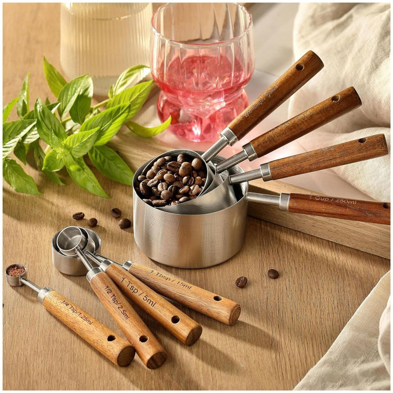 8 Piece Stainless Steel Measuring Cups And Spoons Set With Wood Handles