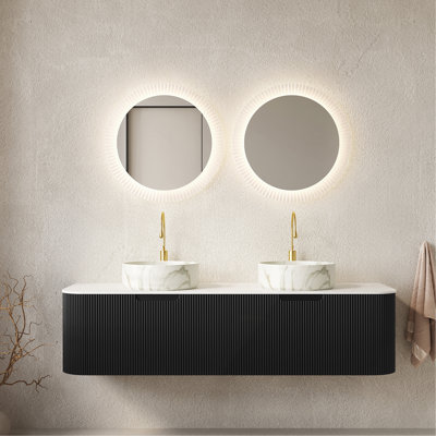60" Bathroom Vanity&Sinks, Floating Curved Edges Striped Storage Cabinet with 2 Drawers, 2 Matte Stone White Round Ceramic Basins&White Sintered Stone Top, Pre-assembled Black