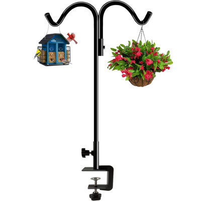 40 Inch Tall Double Deck Hook for Railing, Adjustable Outdoor Shepherds Hook with 2-Inch Strengthened Clamp for Hanging Plant Bird Feeder, 1 Pack