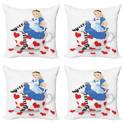 Ambesonne Alice In Wonderland Decorative Throw Pillow Case Pack Of 4, Girl Sitting On A Tea Cup Heart Shape Character Fantasy Tale, Cushion Cover For -  micfour_14085_20x20