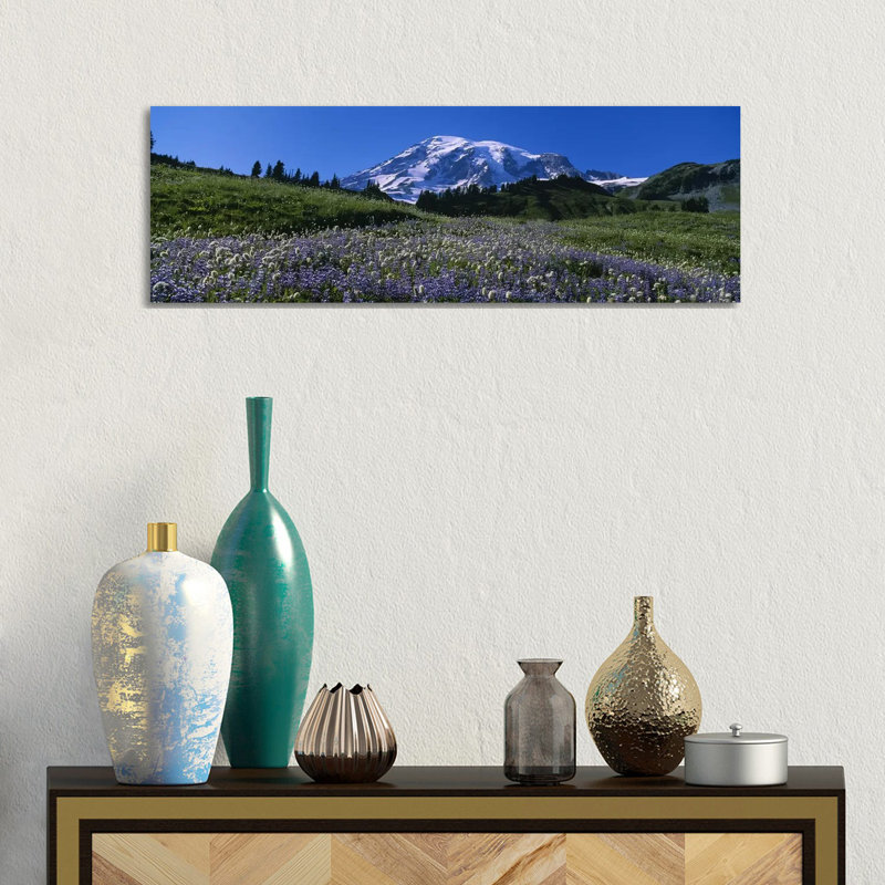 Wildflowers On A Landscape, Mt Rainier National Park, Washington State, USA - Wrapped Canvas Panoramic Print