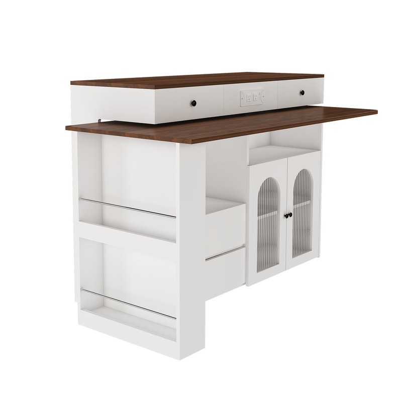 Kitchen Island with Extendable & Rotating Table, MDF with Walnut Veneer Retro Design, 4 Drawers & Glass Door Cabinets with Built-in Socket, Expandable Dining Station for 2-4 Person