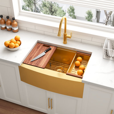 Blenzia 30 Inch Gold Workstation 16 Gauge Stainless Steel Farmhouse Apron Front Kitchen Sink 30" x 21" x 10"