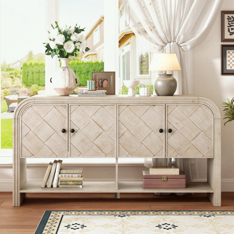 console table with four doors and bottom shelf, Beige