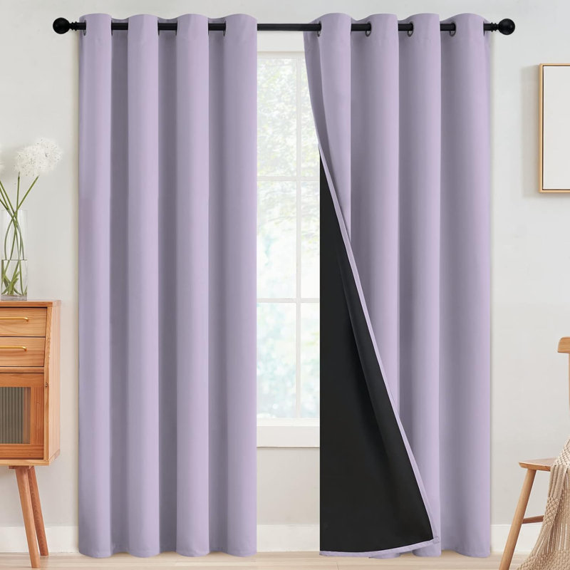 Eliott Solid 100% Blackout Thermal Insulated Grommet Curtain Panels Heat and Full Light Blocking Curtains for Living Room with Black Liner 2 Panels Set