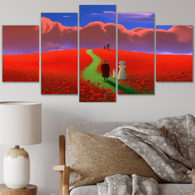 «Walking Inthe Summer Poppie Fields» - art mural asiatique, salon, 5 panneaux