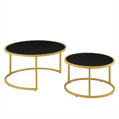 Round Nesting Coffee Table Set of 2, Deep Black Faux Leather with Gold Steel Base, Space-Saving Design for Living Room