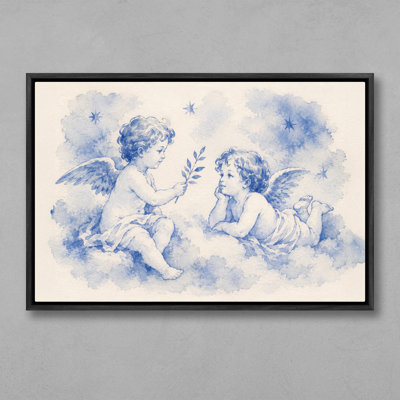 Blue Cherub Angels on Clouds Artwork, Nursery Decor, Framed Print Wall Art