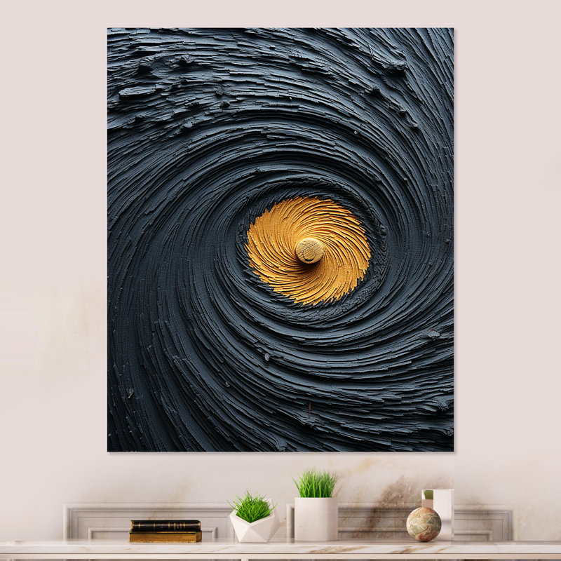 Pierre moderne spirale grise et jaune I - art mural abstrait en spirale en métal, H 32 po x l 16 po x P 1 po